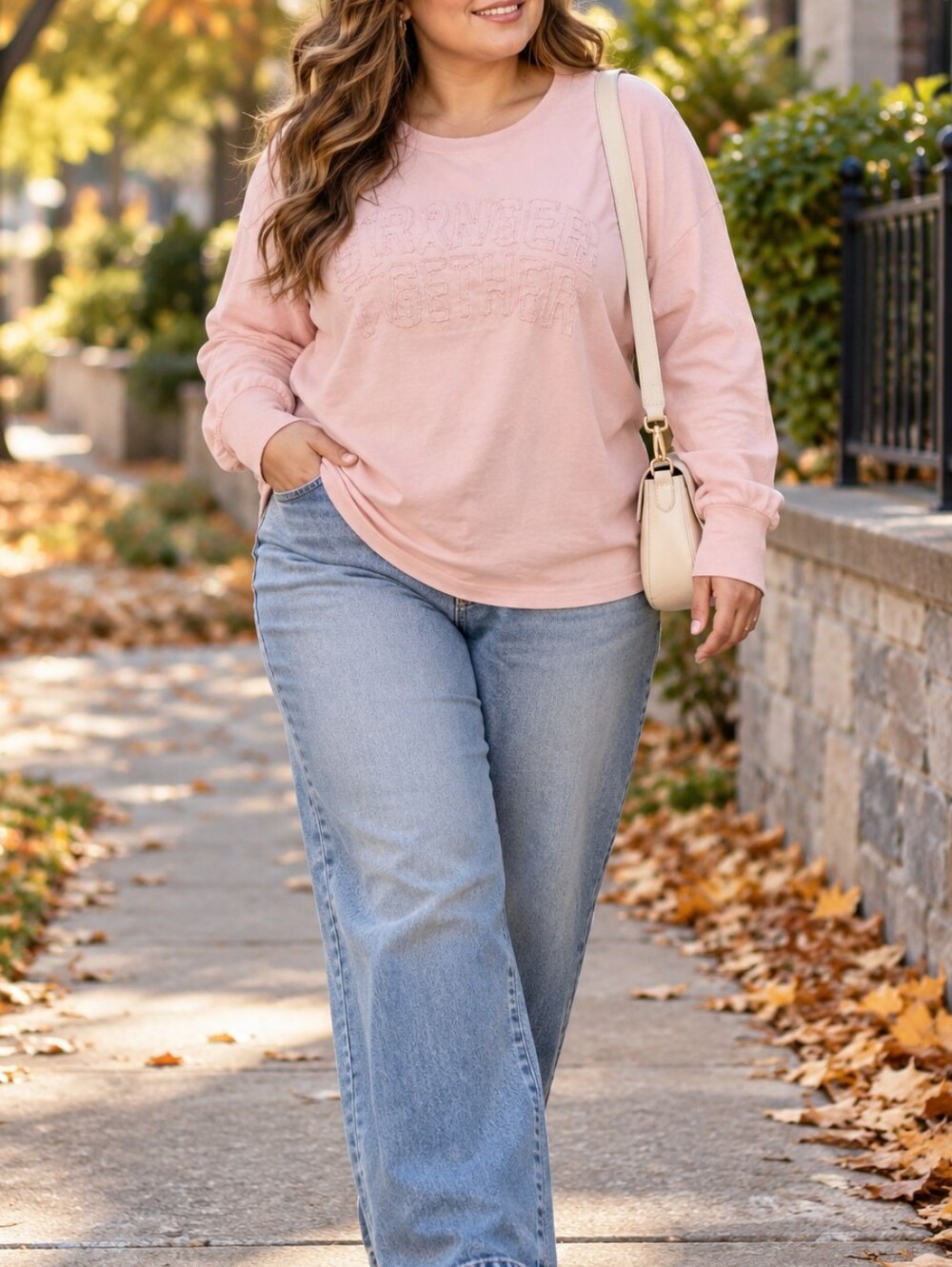 Torrid Plus Size Pink Stronger Together Embroidered Long Sleeve Tee Cotton